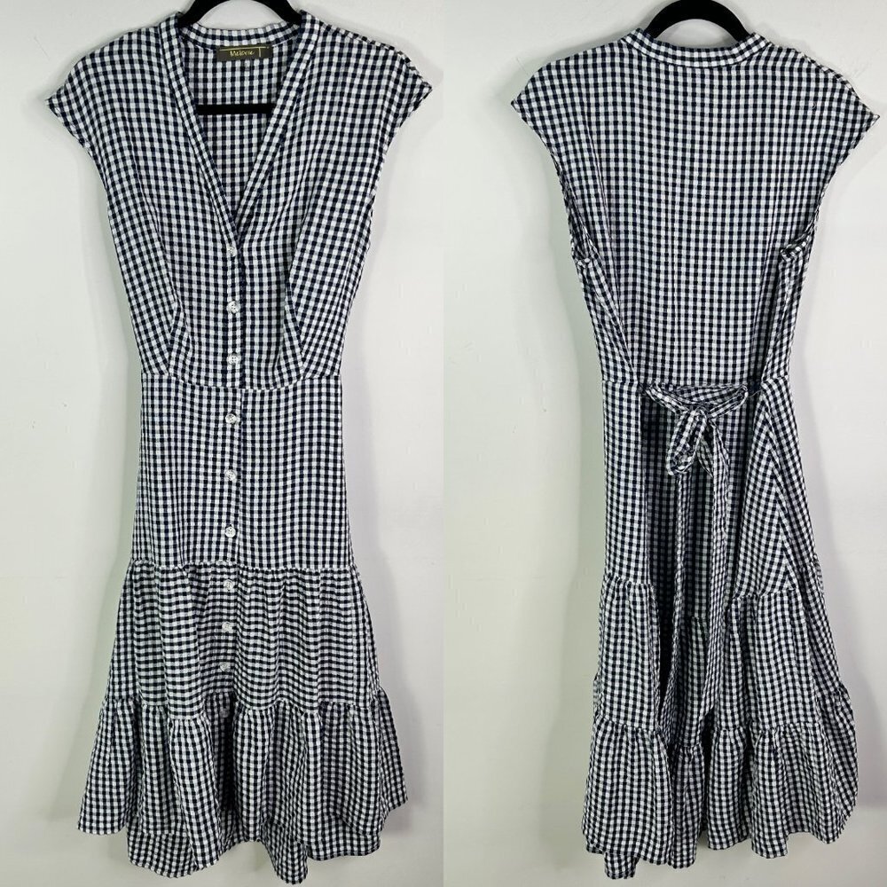 Melonie Women's Navy and White Sleeveless Button Up Midi Dress Size 10 - NWT